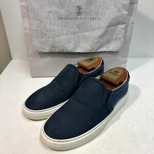 VGUC Brunello Cucinelli Nubuck and Canvas Slip-On Sneakers Blue EU 40 US 7 D